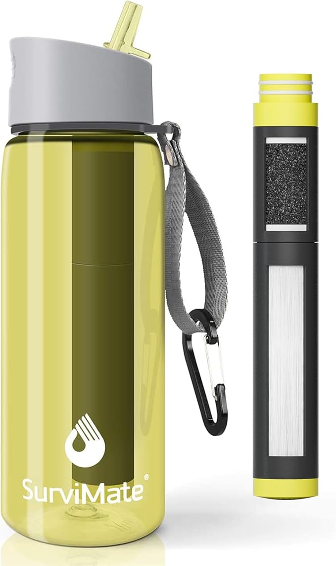 SurviMate 5-Stage 0.01μm Ultra-Filtration Filtered Water Bottle, BPA-Free Material, NSF/ANSI 42&372 Certified, Portable Water Filter Bottle for Survival, Camping, Hiking, and Emergency Use