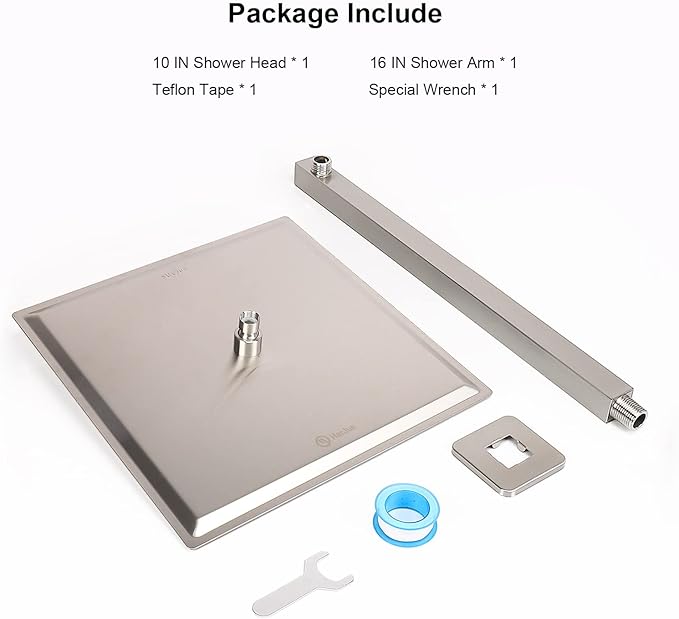 HarJue Shower Head with Extension Arm, High Pressure Square with ShowerArm, Stainless Steel Rainfall-Waterfall Full Body Coverage (10'' Shower with 16'' Arm, Brushed Nickel)