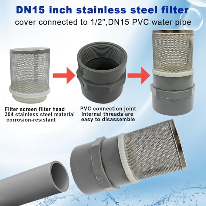 1/2" inch stainless steel filter cover connected to 1/2" grey pvc filter DN15 water pipe, suction strainer used to remove debris and reduce solid entry(1pcs)