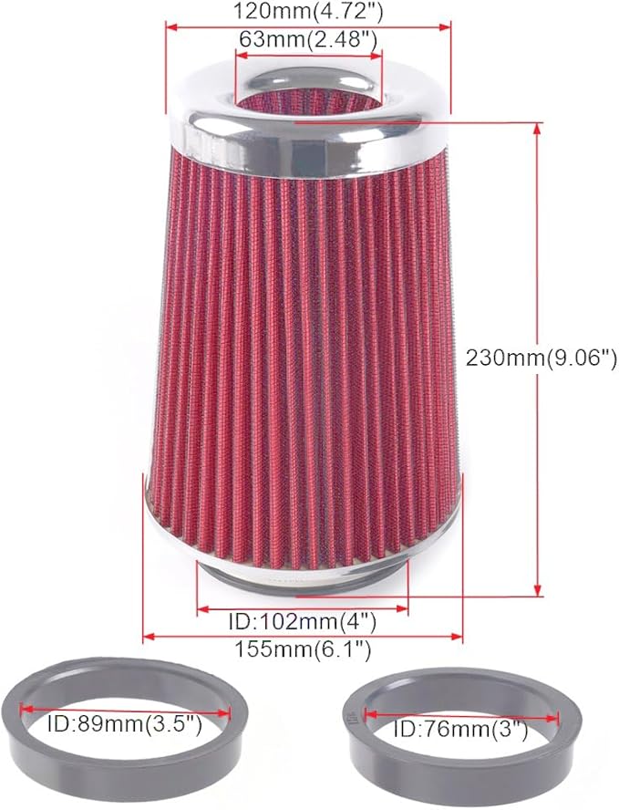 4-Inch Cold Air Intake Filter - Washable, High Performance, 3" or 3-1/2" or 4" Clamp-On Replacement Air Filter Red (8" Tall)