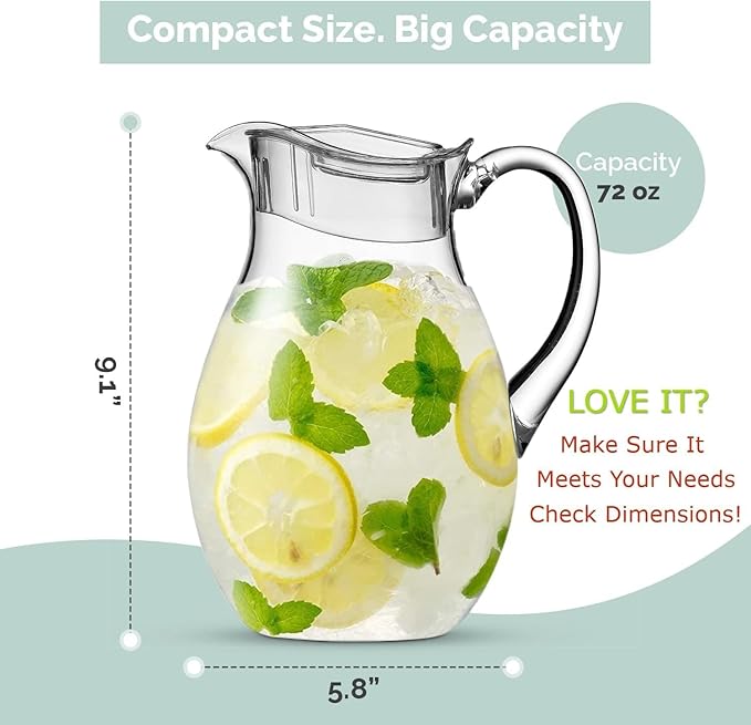 2-Pack Plastic Pitcher (72 oz), Clear Acrylic Water Pitcher with Lid, Fridge Jug, BPA-Free, Shatter-Proof, Great for Iced Tea, Sangria, Lemonade, Juice, Milk, and More