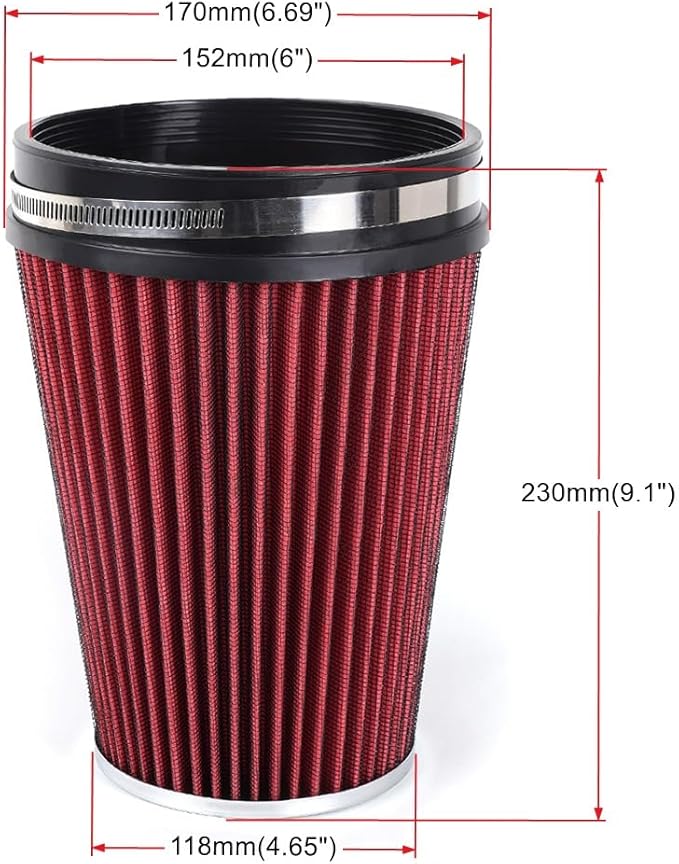 6" Inlet Cold Air Intake Filter Cone Replacement Performance Washable Clamp-On Dry Air Filters Red (8" Tall)