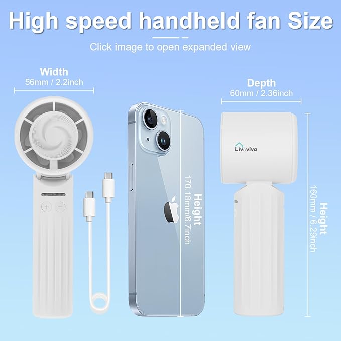 Handheld fan, adjustable blowing angle, mini portable turbo fan, USB Type-C rechargeable, infinitely variable speed high-speed personal fan, 11 Hours Battery Life (White)