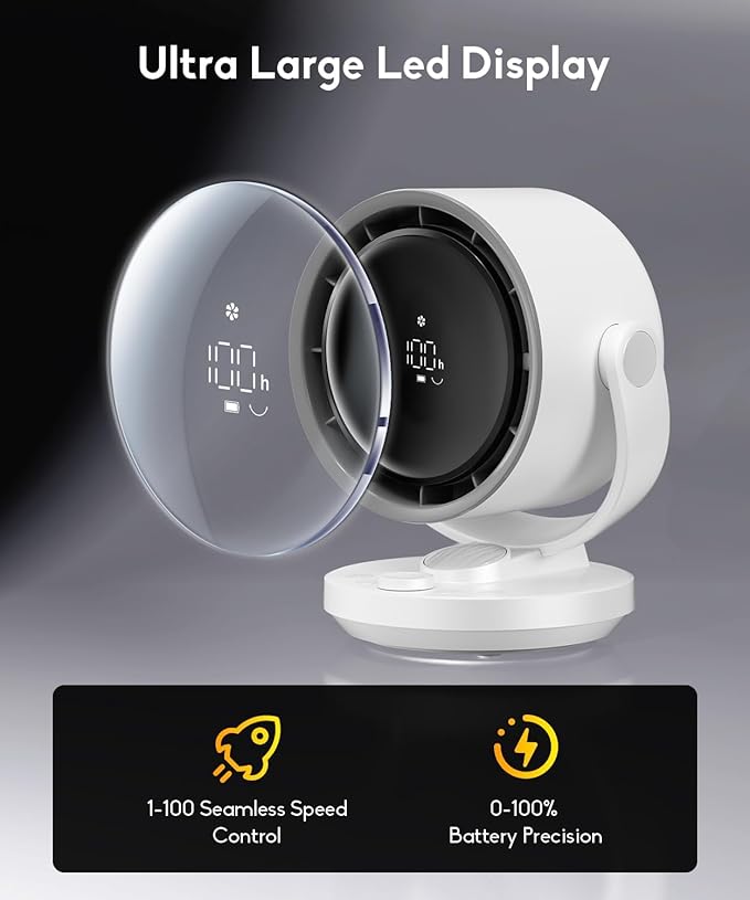 let'me Table Fan, 100-Speed Desk Fan with Digital Display, Rechargeable Battery Fan with Warm Night Light, Oscillating Fan and 12H Timer, Small Quiet Desk Fan for Bedroom, Office