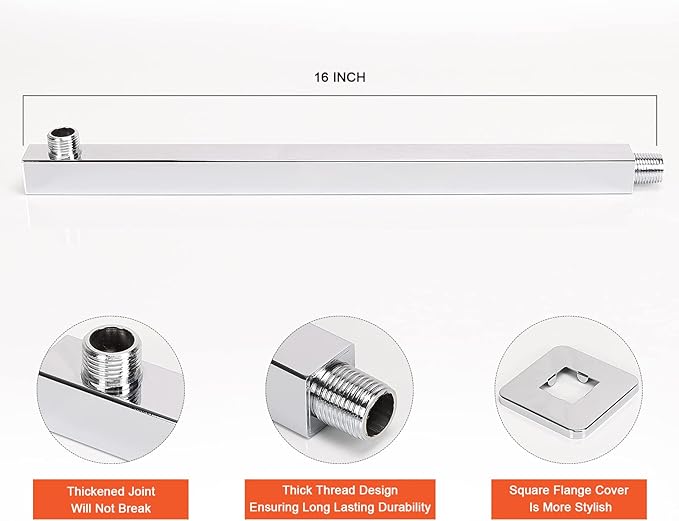 HarJue Shower Head with Extension Arm, High Pressure Square with ShowerArm, Stainless Steel Rainfall -Waterfall Full Body Coverage (10'' Shower with 16'' Arm, Chrome)