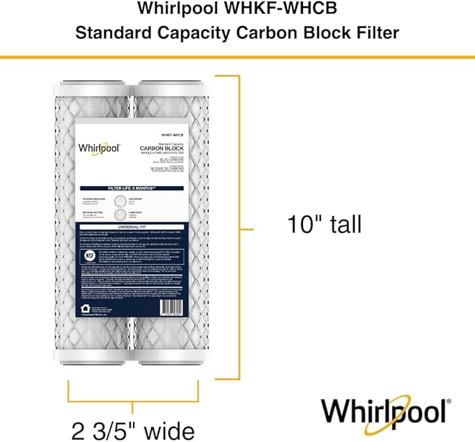 Whirlpool 10" x 2.5" Carbon Block Water Filter WHKF-WHCB, NSF Certified 5 Micron Reduces Chlorine and Sediment, 6-Month Life, CTO Replacement Cartridge Fits Most Home Filter Housings