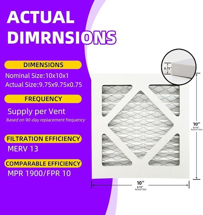 10x10x1 MERV 13 (6-Pack) Pleated Air Filter (Actual Size: 9.75" x 9.75" x 0.75") MPR 1500-1900 & FPR 10, Furnace Air Filters, 10x10x1 air filter