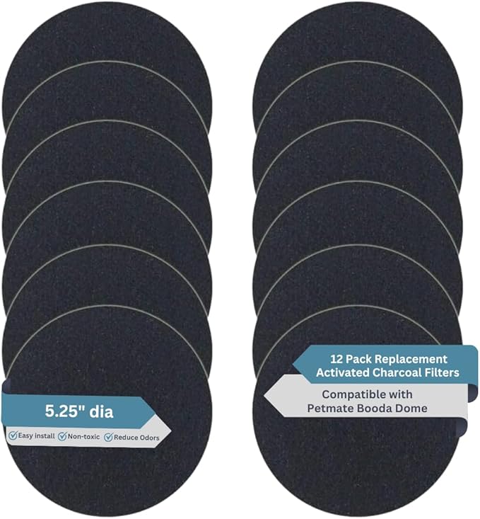 12-Pack Activated Carbon Litter Box Filters - Premium Pre Cut Cat Litter Filters Replacement - Compatible with PetMate Booda Dome Covered Box, Biodegradeable and Made in USA