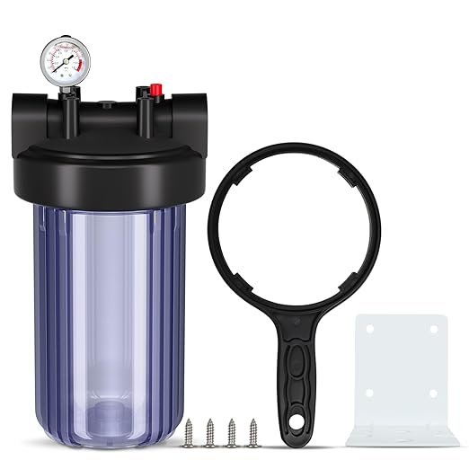 PUREPLUS Whole House Water Filter Housing, 10"x4.5" Universal Housing, Pre-Filtration System, with Pressure Gauge, 1" NPT