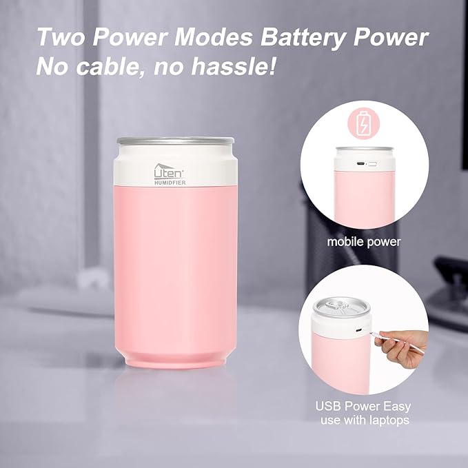 Humidifiers, Humidifier for Bedroom, Can Air Humidifier, Humidifiers for Home and Plants, USB Powered And Battery Powered Portable for Home Office Car Outdoor, 2 Mist Modes, Night Light, Auto-Off
