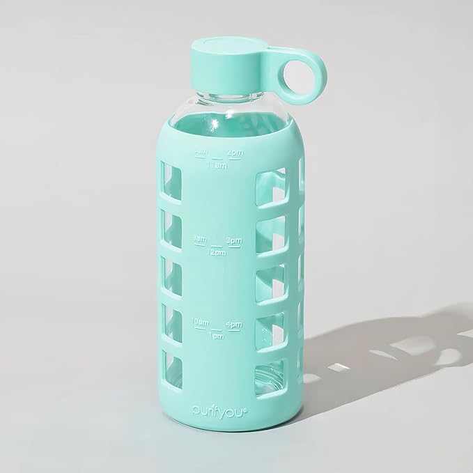 purifyou 40oz / 32oz / 22oz / 12oz Borosilicate Glass Water Bottle with Time & Volume Markers, Silicone Sleeve, Stainless Steel Lid | Reusable Glass Bottle for Water & Juice (22oz Glow-in-the-Dark)