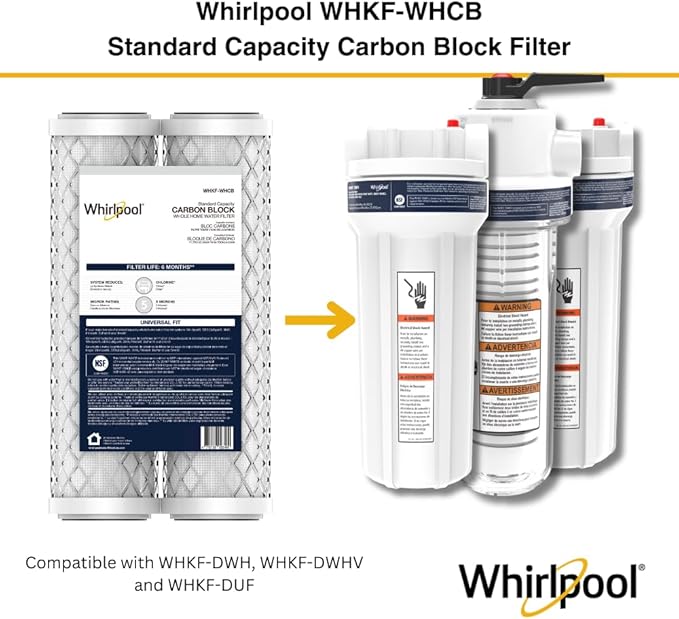 Whirlpool 10" x 2.5" Carbon Block Water Filter WHKF-WHCB, NSF Certified 5 Micron Reduces Chlorine and Sediment, 6-Month Life, CTO Replacement Cartridge Fits Most Home Filter Housings