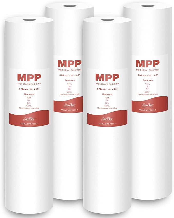 5 Micron 20 Inch Big Whole House Sediment Water Filter, 20" x 4.5" Water Filter Cartridge Replacement for SimPure DB20 Blue Housing, WGB22B, WGB32B, AP802, BB20B, BB20T, 4-Pack