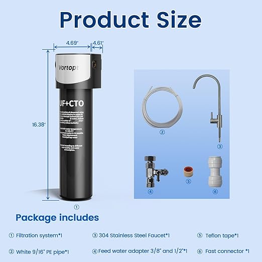 0.01μm Under Sink Water Filter System - NSF/ANSI 42 Certified Water Purifier,19000 Galloons Large Flow Flux,Reduces PFAS,PFOA/PFOS,Chlorine,Bad Odors,Retains Mineral Material,Q6-UF