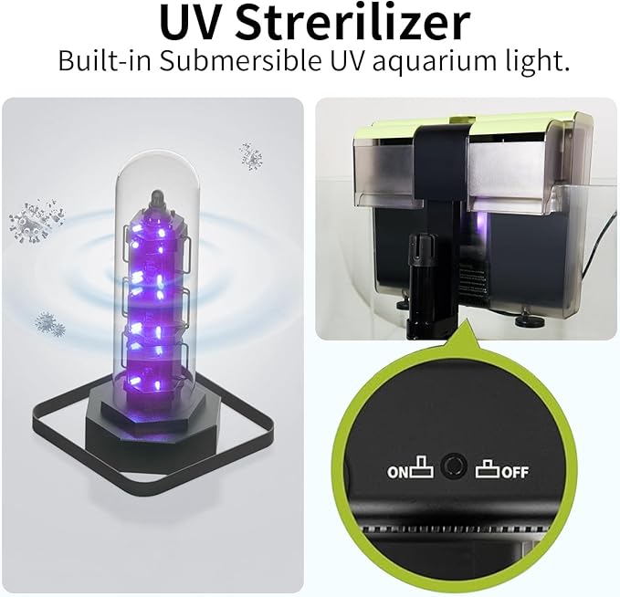 Aquarium Filter for 30-70 Gallon Tank - 4 in 1 Double Waterfall U-V Fish Tank Filter for Green Water & Algae Clean, 8W Quiet Hang on Filter for Saltwater Freshwater, Adjustable Flow, 215 GPH