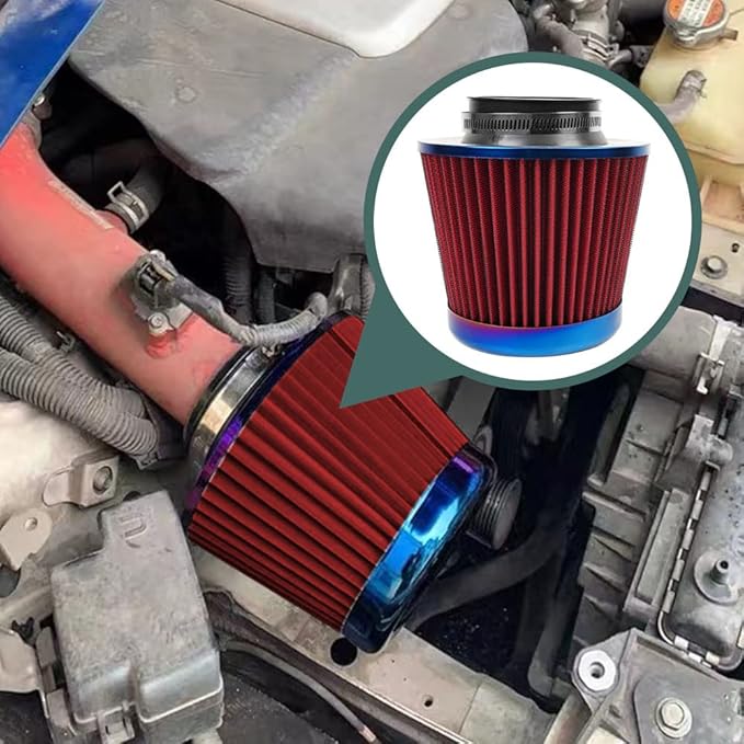 Cold Air Intake Filter, High Performance, Washable Filter, Clamp-On Replacement Air Filter, Flange Diameter 3inch/76mm Red