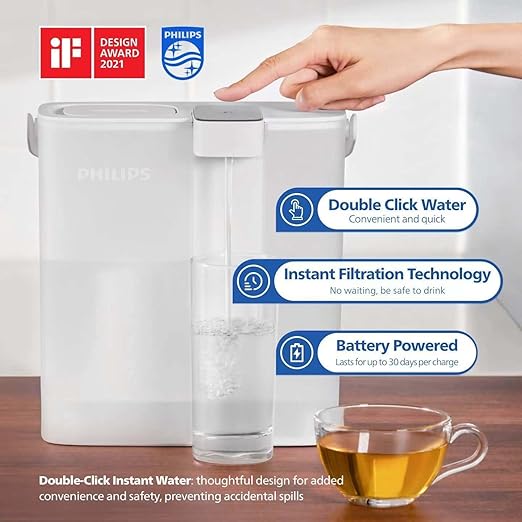 PHILIPS Water Filter Pitcher, GoZero Next-gen Instant Water Purifier Filter Dispenser with Rechargeable Battery Mirco-X Clean Tech, Reduce Chlorine Lead Copper for Fridge Door 12Cup 3Filter for 9month
