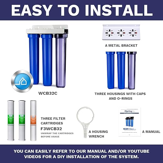 iSpring Whole House Water Filter System, Highly Reduces up to 99% Chlorine, Sediment, Taste, Odor, 3-Stage Water Filtration System w/Clear 1st-Stage Housing, Model: WCB32C, 3/4" Inlet/Outlet