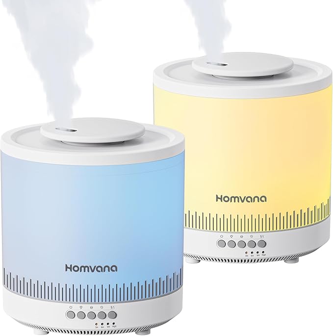 Homvana Small Humidifiers for Bedroom - 2 Packs 1.8L Cool Mist Top Fill Humidifier for Baby Nursery, Essential Oil Diffuser, 3 in 1 for Home Plants Offices and Grow Tents, 7 Color Lights, Ultrasonic