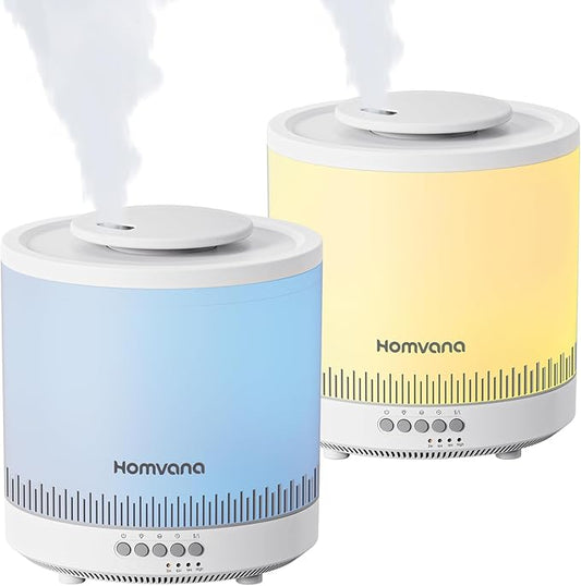 Homvana Small Humidifiers for Bedroom - 2 Packs 1.8L Cool Mist Top Fill Humidifier for Baby Nursery, Essential Oil Diffuser, 3 in 1 for Home Plants Offices and Grow Tents, 7 Color Lights, Ultrasonic