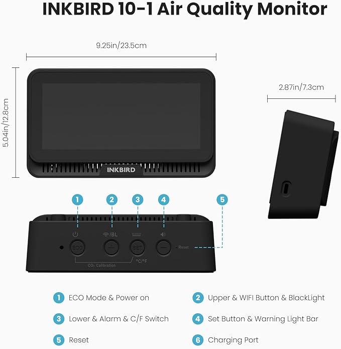 10-in-1 Air Quality Monitor with WiFi App Alerts | CO2, PM2.5, HCHO, TVOC Detector | 6.1" HD Display & 2Y Data Storage | Wall/Desk Mount for Home, Office, School (Black)