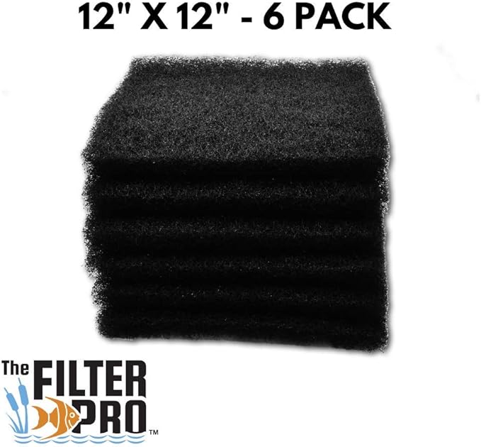 Black Coarse Filter Media, 1.25" Thick, 12" x 12" Pads, 6 Pack, Perfect for Aquariums, Ponds or Water Gardens, Made in USA