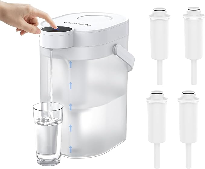 Waterdrop FreshTaste Instant Water Filter Pitcher with 4 Filters, Rechargeable Powerful Dispenser, Reduce Chlorine, Lead, Copper, Purify, Soften Water, 17-Cup, White, Does not Lower TDS