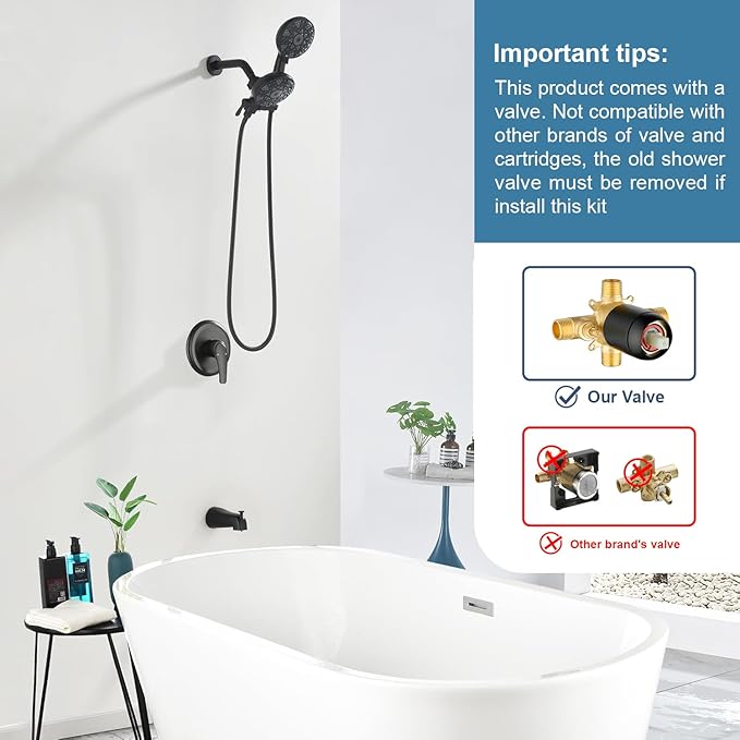 Tub and Shower Faucet Set Complete Dual Shower Head and Handheld 2 in 1 Combo Set Shower System with Tub Spout Tub and Shower Trim Kit Matte Black