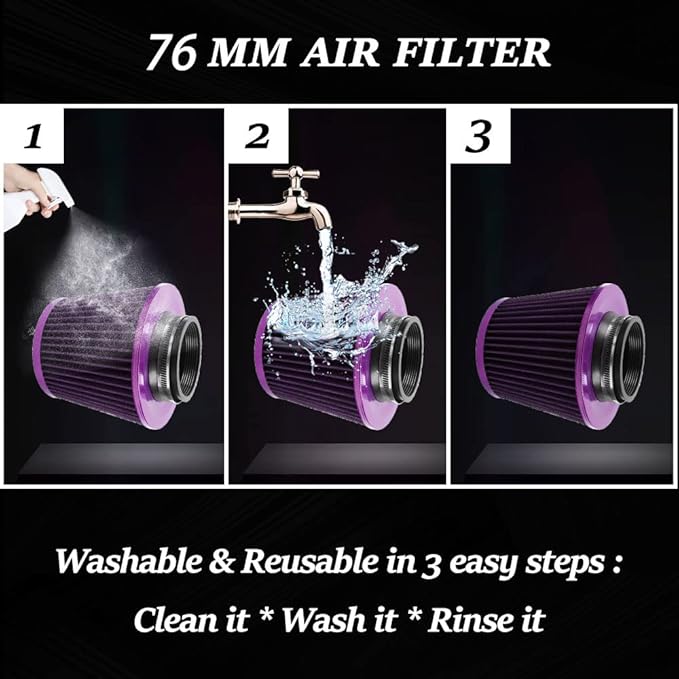 muge racing 3-inch Cold Air Intake Filter 76mm, High Performance Clamp-On Engine Intake Air Filter, Washable Reusable & Universal Round Tapered Replacement Air Filter, Purple