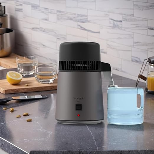 ROVSUN 1.1 Gallon/4L Water Distiller for Home Countertop, Stainless Steel Interior & BPA-Free Container, 750W Distilled Water Machine Water Maker Purifier, Distilling Pure Water Maker, 1L/H, Gray