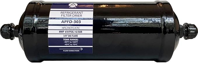 Appli Parts APFD-303 3/8 in Liquid Line Refrigerant AC Filter Drier hvac Refrigeration 303 SAE Flare connection universal unidirectional 10-1/2 in long 3-1/4 in wide