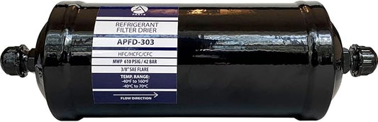 Appli Parts APFD-303 3/8 in Liquid Line Refrigerant AC Filter Drier hvac Refrigeration 303 SAE Flare connection universal unidirectional 10-1/2 in long 3-1/4 in wide