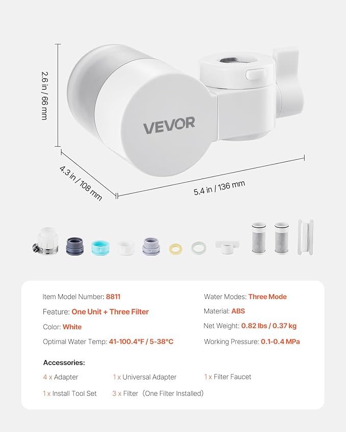 VEVOR Faucet Mount Water Filter, Horizontal Water Purifier for Sink Tap, NSF Certified Carbon Fiber Filter, Removes Chlorine Lead with 3 Filters, Fits Most Kitchen or Bathroom Faucets, White