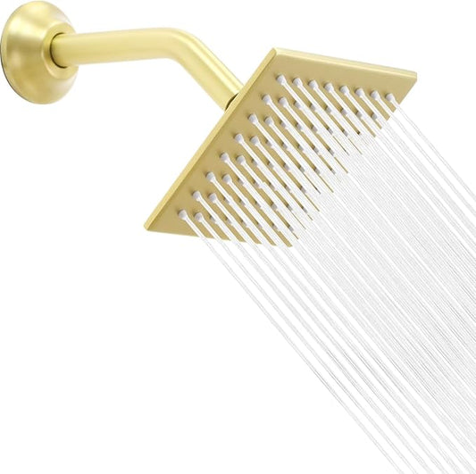 6 Inch Square Shower Head Stainless Steel High Pressure Rain Shower Heads with Extension Arm Adjustable Angle Replacement Luxury Shower Head for Modern Bathroom (Square, Brushed Gold)