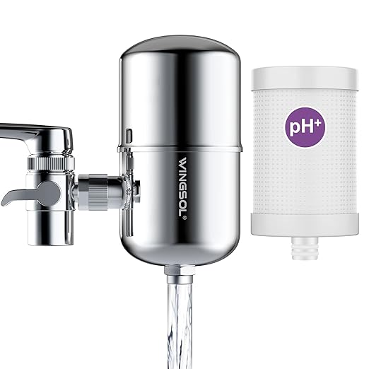 WINGSOL Stainless Steel Alkaline Water Filter for Sink Faucet, NSF/ANSI 42 & 53, Improve pH & Taste, Reduce Chlorine, Odor, Sediment & Microplastics, 360° Rotating Tap Purifier 200 Gallon