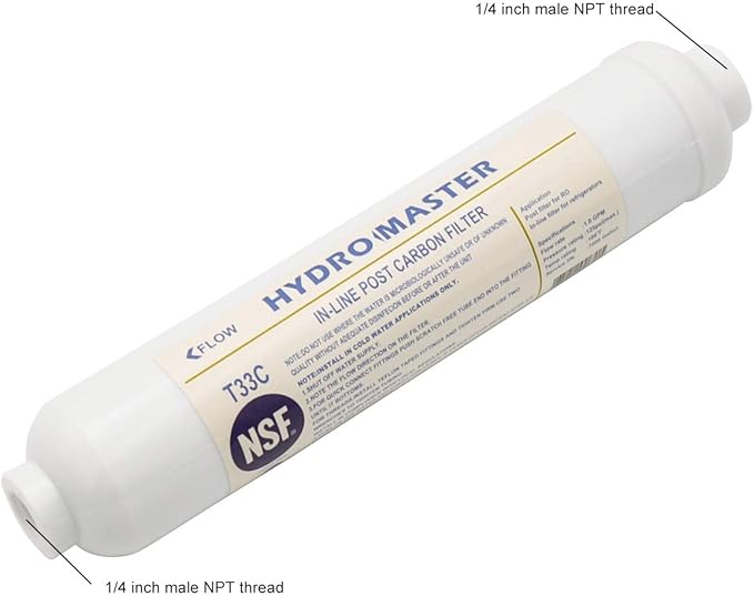 HYDRO MASTER IN-LINE POST CARBON FILTER With 1/4-Inch NPT Connection, 10 Inch x 2 Inch.