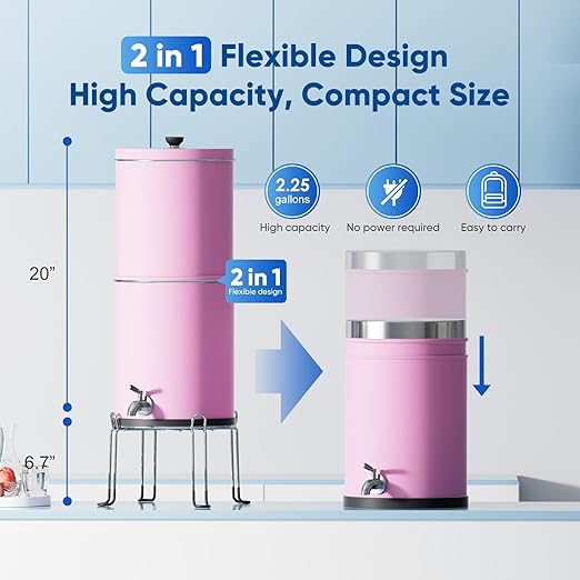 Purewell 3-Stage 0.01μm Ultra-Filtration Gravity Water Filter System, NSF/ANSI 42&372 Certification, 304 Stainless Steel Countertop System with 2 Filters and Stand, Reduce 99% Chlorine, 2.25G, PW-OB