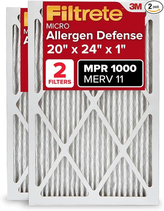 Filtrete 20x24x1 AC Furnace Air Filter, MERV 11, MPR 1000, Micro Allergen Defense, 3-Month Pleated 1-Inch Electrostatic Air Cleaning Filter, 2 Pack (Actual Size 19.81 x 23.81 x 0.81 in)