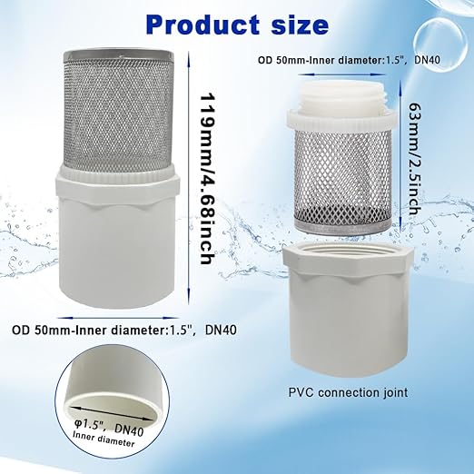 1.5" Stainless Steel Filter Cover Connected to 1.5 inch/DN40 PVC Water Pipe, Suction Strainers Used to Remove Debris and Reduce Solid Entry