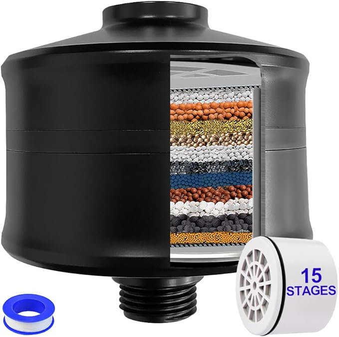 Matte Black Showerhead Filter - 15 Stage Shower Filter for Hard Water, Reduces Chlorine, Softens Water, Prevents Dry Skin