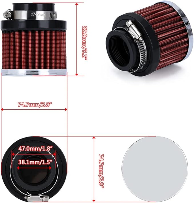 PTNHZ Universal Red Neck 1.5" 38mm Car High Flow Cold Air Intake Air Filter Power Intake Air Inlet System Air Cleaner