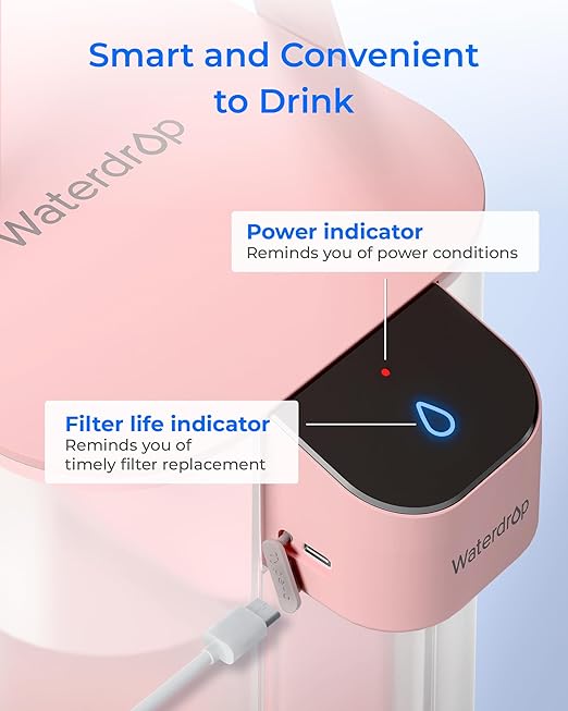 Waterdrop Electric Water Filter Pitcher, Reduce 99.6% of Lead and 45+ Impurities, 200-Gallon Rechargeable Water Dispenser, Instant 15-Cup Countertop System, NSF/ANSI 401&53&42&372, Pink