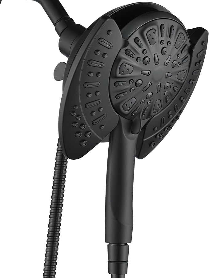 2-in-1 Shower Head with Handheld Combo: 2.5GPM Rainfall & Handheld Shower Head Use Together or Alone, 9 Spray Settings Hand Held Shower Head with Hose, Black