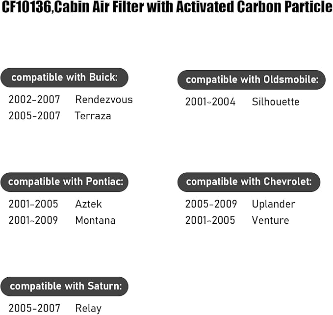 CF10136,Cabin Air Filter with activated carbon particle for Chevrolet,2005-2009 Uplander,2001-2005 Venture.Buick,2002-2007 Rendezvous,Terraza.Oldsmobile,Silhouette.Pontiac,Aztek,Montana.Saturn,Relay.