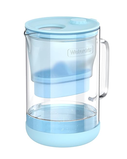 Waterdrop Large Glass Alkaline Water Filter Pitcher with 1 Filter, Enhances Alkaline Water, Eco-Friendly, 10-Cup, for Home and Office, Reduces PFOA/PFOS, Chlorine, Cadmium, Copper, Mercury, Blue