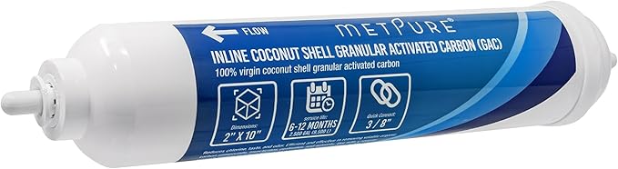 Inline GAC Water Filter 2" x 10" x 3/8" OD. Coconut Shell Granular Activated Carbon for RO Reverse Osmosis Water Filtration System, Refrigerator, Ice Maker. 3/8" Quick Connect.
