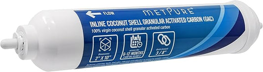 Inline GAC Water Filter 2" x 10" x 3/8" OD. Coconut Shell Granular Activated Carbon for RO Reverse Osmosis Water Filtration System, Refrigerator, Ice Maker. 3/8" Quick Connect.