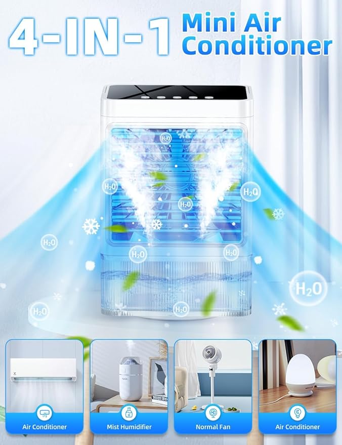Small Air Conditioner w/ 3 Speeds&3 Modes, Remote, 1100ML Tank Humidifier, 8-Cube Ice Tray, 120° Oscillating, 4 IN 1 Portable Air Conditioners, 7-Color Light, 4H Timer Desk AC Unit for Bedroom