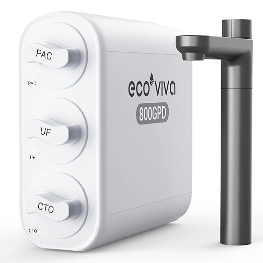 Ecoviva 0.01μm Ultra-Filtration Under Sink Water Filter System, 800G Tankless Water Filtration System, No Electricity & Zero Waste, Filters Heavy Metals, Includes Faucet, No Drilling Required(NOT RO)
