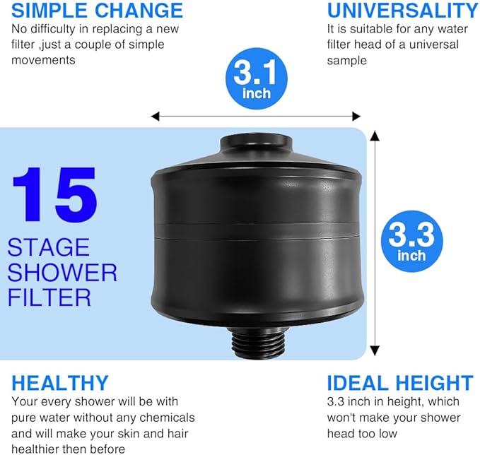 Matte Black Showerhead Filter - 15 Stage Shower Filter for Hard Water, Reduces Chlorine, Softens Water, Prevents Dry Skin